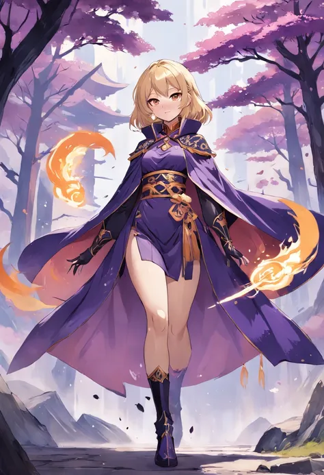 A painting of a woman in a purple cloak and black boots, concept art inspired by Okumura Masanobu, Pisif, conceptual art, Half caller, half incense, adorned in majestic attire, Genshin impacts character, Gorgeous cape, Aromatic, high quality character desi...