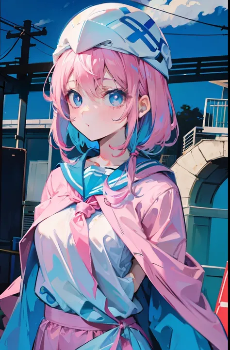 light pink colored hair，Powder-blue pupils，Pink and blue sailor suits，Fair and flawless sweet loli girl