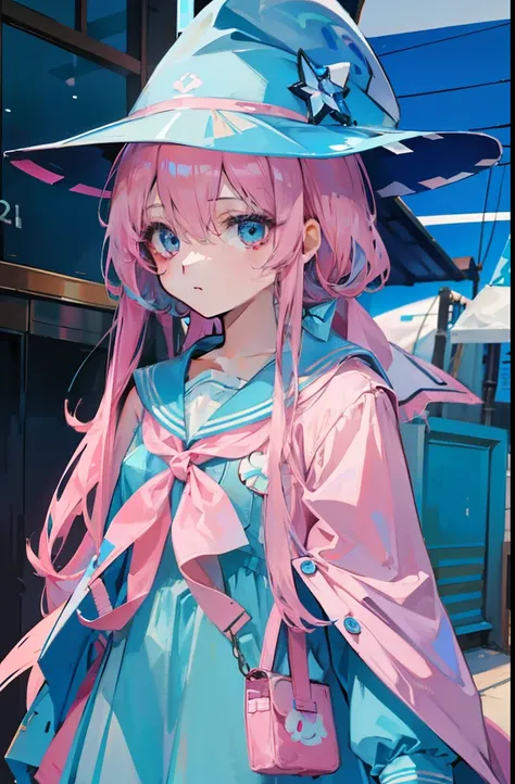 light pink colored hair，Powder-blue pupils，Pink and blue sailor suits，Fair and flawless sweet loli girl