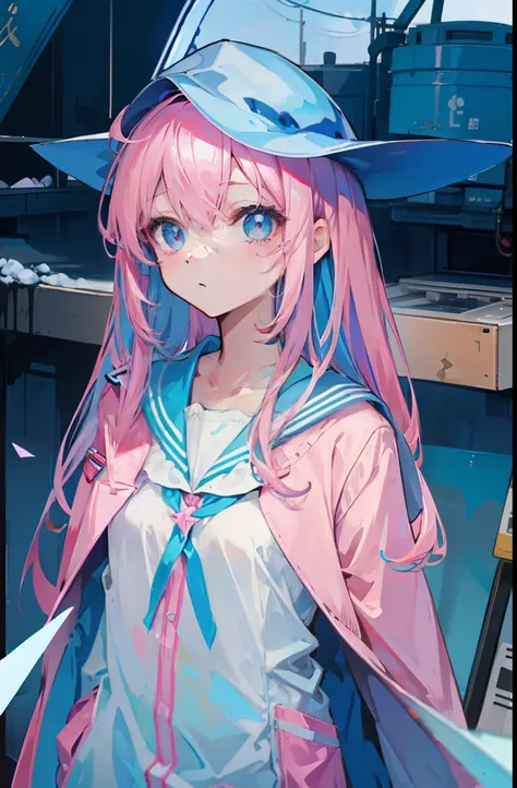 light pink colored hair，Powder-blue pupils，Pink and blue sailor suits，Fair and flawless sweet loli girl