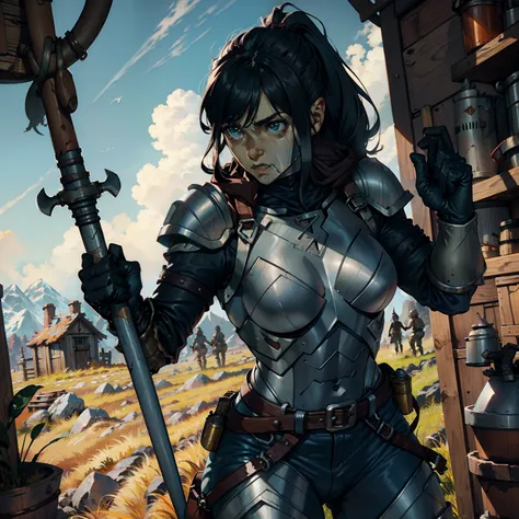 Female orc blacksmith wearing light leather armor, wielding a blacksmith hammer, surrounded by weapons