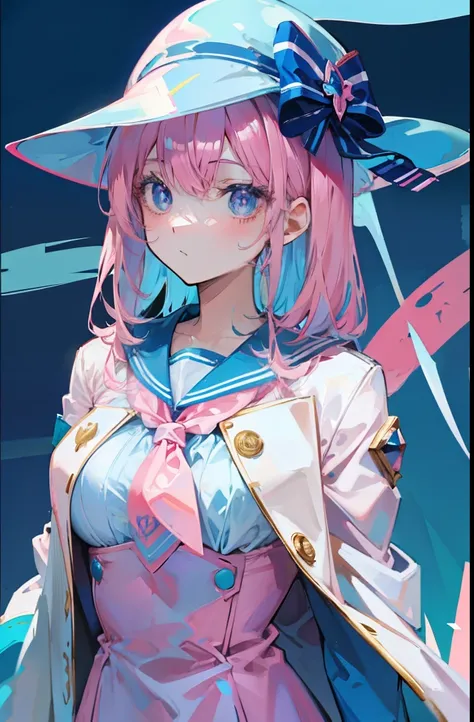 light pink colored hair，Powder-blue pupils，Pink and blue sailor suits，Fair and flawless sweet loli girl