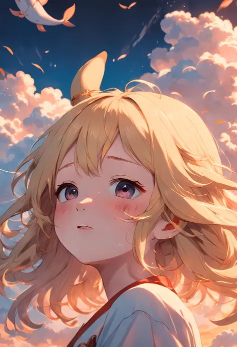 tmasterpiece, best qualtiy, cinematic Film still from, ​​clouds, whales, teens girl, Floating in the sky, closeup cleavage, brightly, cheerfulness, Warm and soft lighting, the sunset, blonde hair, huge ahoge, mask, closed eyes, fake animal ears, full-face ...