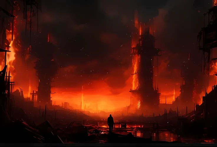 a man standing in front of a fire filled city, landscape of apocalypse city, city in the distant on fire, an ancient city on fire, burning city in background, apocalypse landscape, burning city background, apocalyptic scene, apocalypse landscape!!!!!, apoc...