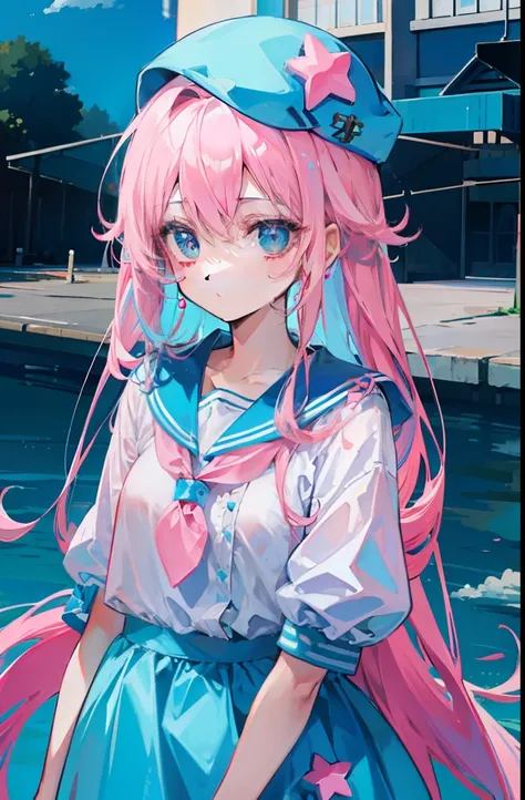 light pink colored hair，Powder-blue pupils，Pink and blue sailor suits，Fair and flawless sweet loli girl