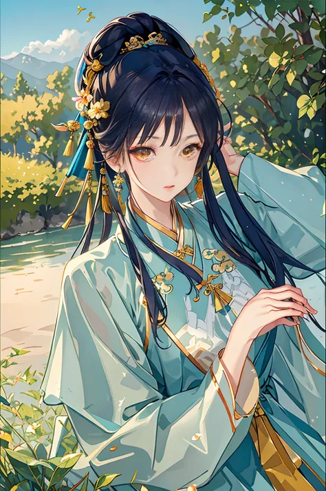 Best quality at best，Complicated details，A high resolution，（beautiful detailed  water：1.4），（Hanfu，Tang Feng），Yellow eyes，（Girl in a glass jar：1.1），drinking milktea