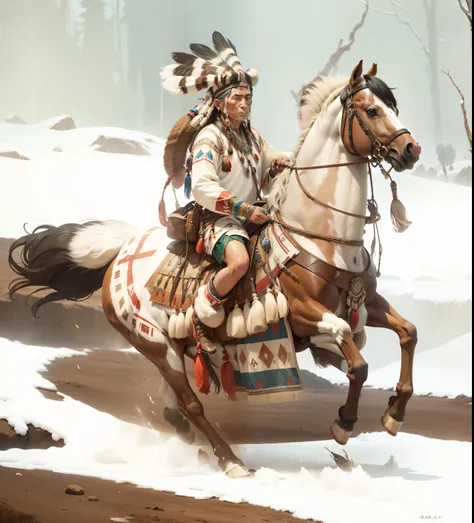 One Native American (Native American only 2 human ears), riding a horse, one head, one face, four legs, two ears, four hooves, one tale, photo-realism, 24k resolution, hyperdetailed in the style of Doolittle