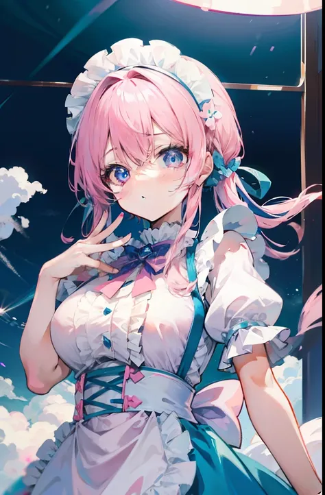 light pink colored hair，Powder-blue pupils，Pink and blue maid outfits，Fair and flawless sweet loli girl