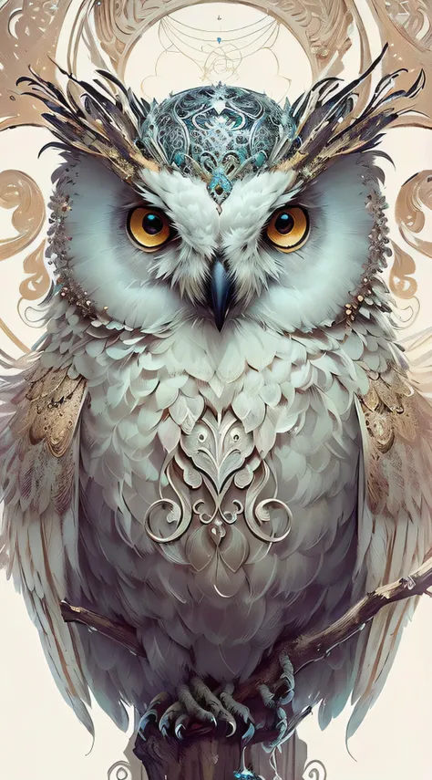 an owl with a crown on its head sitting on a branch, Animais bonitos detalhados, Coruja Radiante, fantastic detailed eyes, the wisest of all owls, coruja branca brilhante, com lindos olhos detalhados, asas requintadas e bonitas, Arte altamente detalhada em...