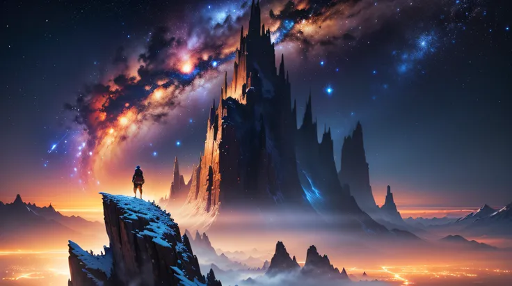 A man stands alone at the top of a towering mountain，The background is a magnificent starry sky、Fantasy planets and spaceships。