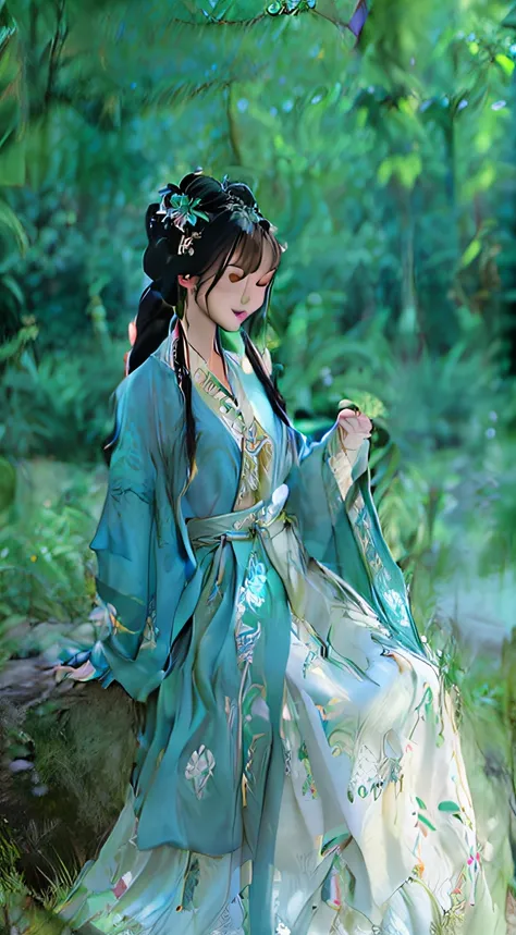 Arapei woman in green dress sitting on log reading a book, Palace ， A girl in Hanfu, Hanfu, wearing a long flowing robe, Flowing robes, White Hanfu, flowing hair and long robes, with acient chinese clothes, Wearing ancient Chinese clothes, Traditional Chin...