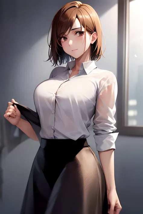 1girl, cowboy shot, beautiful NobaraJK, white shirt, unbuttoned, black skirt, office, volumetric lighting, best quality, masterpiece, intricate details, tonemapping, sharp focus, hyper detailed, trending on Artstation,