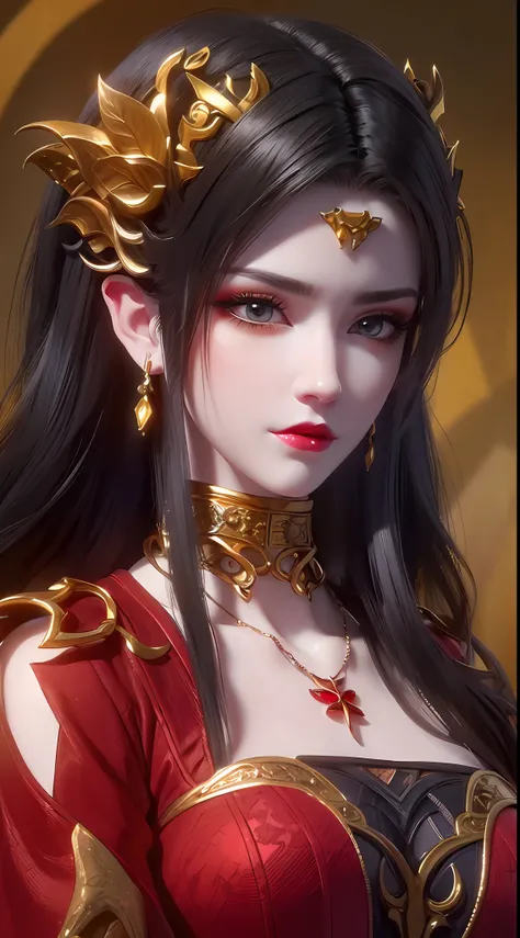 1 very beautiful queen medusha in hanfu dress, thin red silk shirt with many yellow motifs, black lace top, long hair dyed black, beautiful hair jewelry, extremely detailed and exquisitely crafted jewelry, gold jewelry, red ruby ​​inlaid necklaces, pretty ...