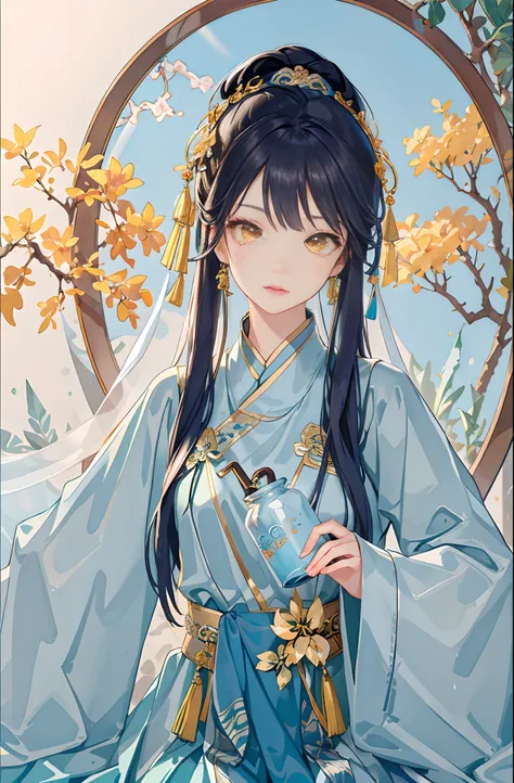 Best quality at best，Complicated details，A high resolution，（beautiful detailed  water：1.4），（Hanfu，Tang Feng），Yellow eyes，（Girl in a glass jar：1.1），drinking milktea