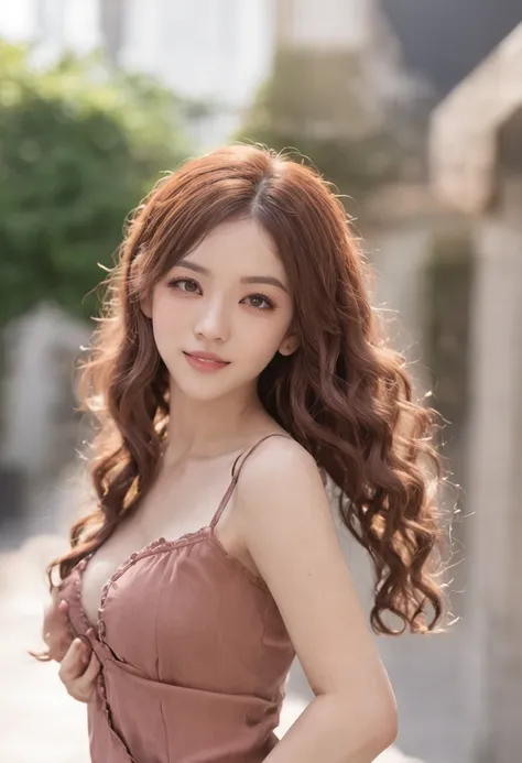 Best quality, long hair bangs curly two side braids loose towards the front, (Brown hair color), 超高分辨率, (Photorealistic:1.4), 1lovelygirl, bit girl, (Young), pink puffy , NSFW, ,(Kpop idol), (aegyo sal:1), (Huge breasts), (Denim shorts), Smiling, Cute, ful...