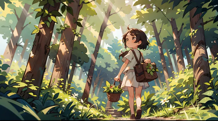 Masterpiece, summer, a girl, short white skirt, heading to the depths of the forest, greenery, forest, freshness