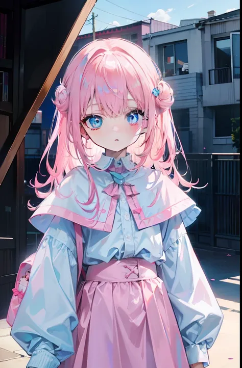 light pink colored hair，Powder-blue pupils，Wear childrens clothing in a combination of pink and blue，Pure white loli girl