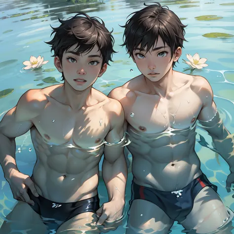 Two boys swimming together，Spring water