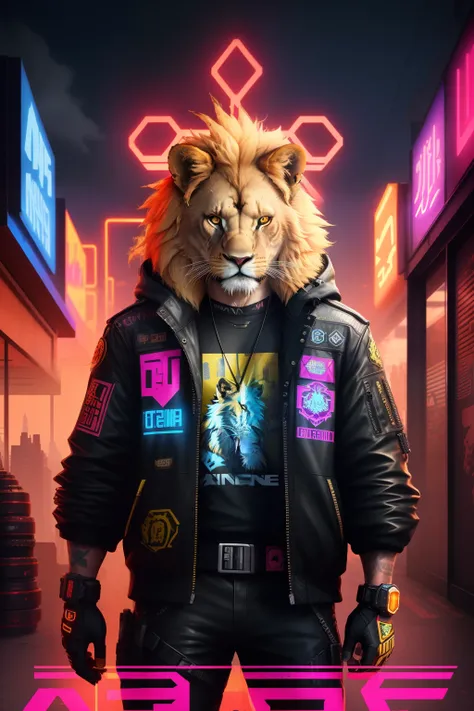 a poster of a lion head, lion face, gunner, gunbreaker, neonpunk, cyberpunk face, gungnir, gmunk, cyberpunk style color, cyberpunk futuristic neon, gunbroker, glitchpunk, cyberpunk , cmyk portrait, in style of apex legends, cyberpunk gunma prefecture, cybe...