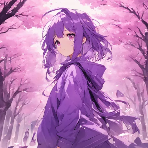 purple color  hair、The whole body is shown、Neutral face、Rich in color、Beautie、Wearing purple clothes、well-styled、Super beautiful、high-level image quality、Cool purple helmet、Being in the great outdoors、Cherry blossoms are blooming、Three people carrying a bi...