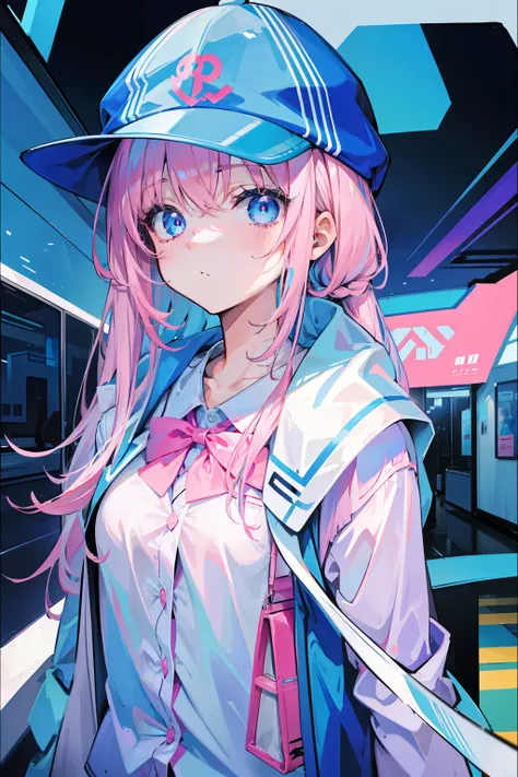 light pink colored hair，Powder-blue pupils，Wear a school uniform with a combination of pink and blue，Milky loli girl