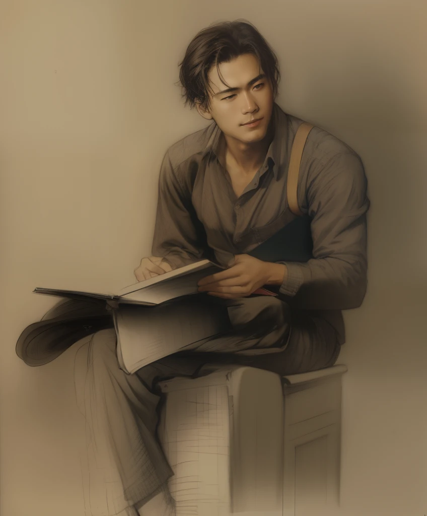 Draw a man sitting on a box holding a book, author：Catherine Guthrie, Art student, steve huston, author：Yi Yuanji, traditional portrait, studious chiaroscuro, master drawing, book portrait, Inspired by Andrew Loomis, A portrait of the character, charcoal d...