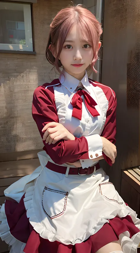 masutepiece, Best Quality,1girl in, Apron, frilld,Skirt, Shirt,nffsw,Wooden house、Sunnyday、cute little、a picture、Pink hair