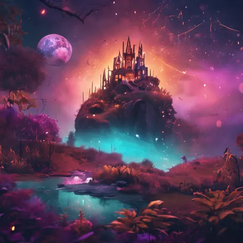 fantasy world，Mysterious atmosphere，Magical elements，Delicate painting，Medium focus lens，Illuminated at dusk，hand painted style，Mysterious hues，Fantasy graphics，Procreate application，Character emotions。 --v 5.1 --ar 2:3