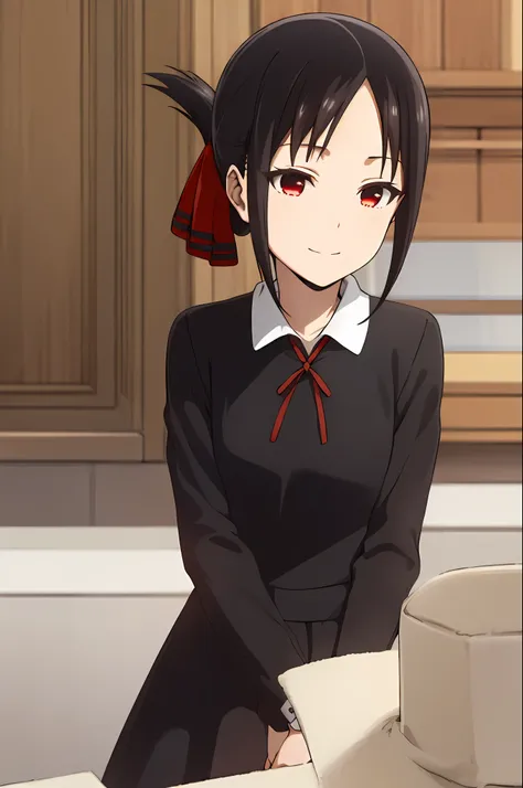 best quality, (masterpiece:1.2), detailed,
shinomiya kaguya,
1girl, solo, closed mouth, light smile,
black hair, red eyes, short hair, folded ponytail, hair ribbon,
school uniform, black dress, long sleeves, red ribbon,
standing, looking at the viewer,
cla...