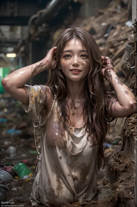 realisitic、top-quality、crisp photos、((Brick underground tunnel、Foul-smelling sewer、Littered with filth、Sewage channels full of feces、a lot of garbage and junk、The dirtiest sewer))、Bricks are covered with moss、((beautiful a girl、Constricted waist、Neat face、...