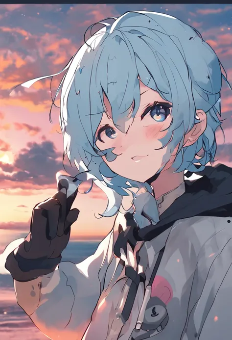 masterpiece, best quality, day, sunset, sea, beautiful detailed sky, boy, kemonomimi_mode, short hair, light blue hair, ahoge, cute face, heart-shaped pupils, serafuku, seiza, tally,