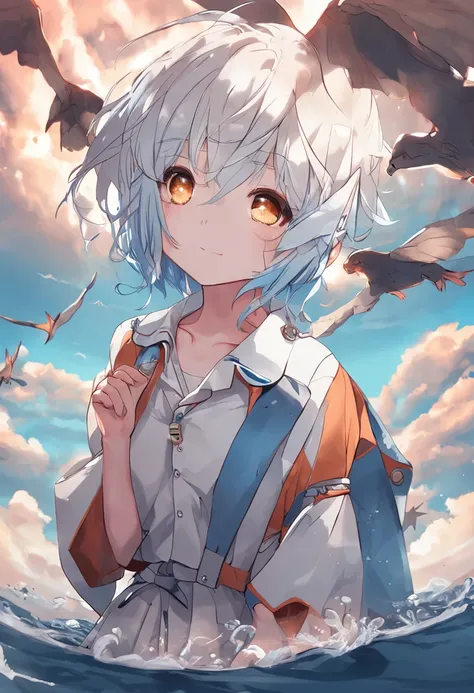 masterpiece, best quality, day, sunset, sea, beautiful detailed sky, boy, kemonomimi_mode, short hair, light blue hair, ahoge, cute face, heart-shaped pupils, serafuku, seiza, tally,