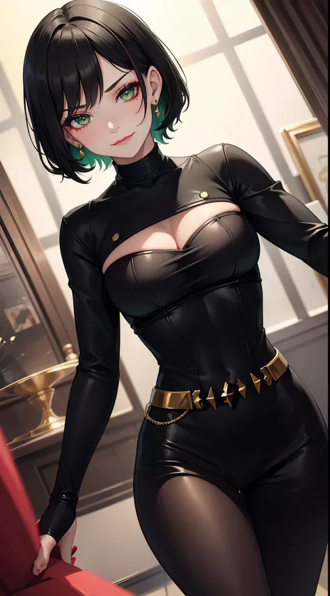 young girl, short black hair, Green eyes, black tight dress, Gold Elements, red elements, black eye shadow, Green lipstick, smirk, Masterpiece, hiquality