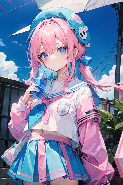 light pink colored hair，Powder-blue pupils，Wear a school uniform with a combination of pink and blue，Milk loli，a beauty girl