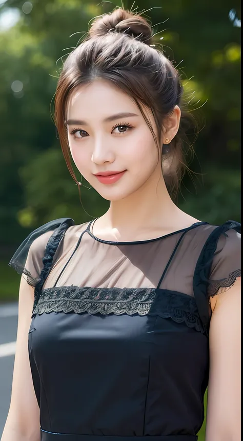 (Best quality, 8K, masterpiece:1.3)) , (one person: 1.4), 1girl, a Korean woman, a goddess, 25 years old, portrait photography, high contrast, God perspective, aperture F1.2, focal length 24mm, ( Full body: 1.2), smile, pose for photos, fine lace, slip dre...