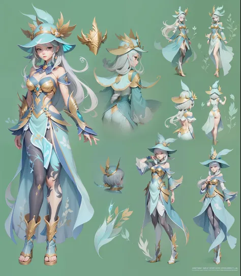 Character design, Water Magician Girl, Concept art, genshin impact style, gray plain background