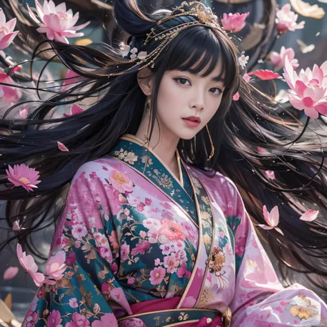 32K（tmasterpiece，k hd，hyper HD，32K）Long flowing black hair，ponds，zydink， a color，  Asian people （Silly girl）， （Silk scarf）， Combat posture， looking at the ground， long whitr hair， Floating hair， Carp pattern headdress， Chinese long-sleeved clothing， （abstr...