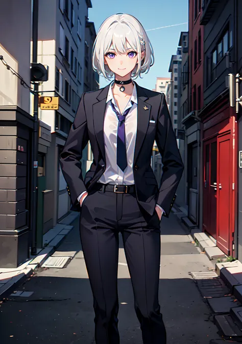 (masterpiece, best quality:1.2), cowboy shot, solo, 1girl, white hair, short wavy hair, purple eyes, average breasts, slender body, light smile, looking at viewer, hands in pockets, formal, suit, necktie, black pants, choker, cityscape scenery, street