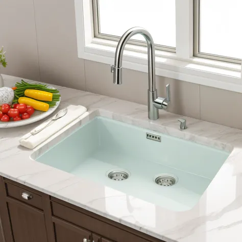 RV sink，Light color decoration，Highlight the magnifying sink，Kitchen sink，Folding sink，Marble tabletop，The table top has cutlery decorations，White desktop，Cut vegetables。