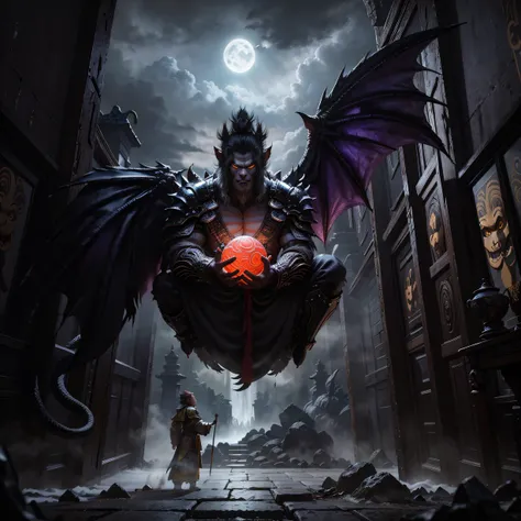 ,masterpiece, best quality,8k, ultra highres,As night fell,A bright moon hangs over the sky,Dye the surroundings with a silver glow。Deep in the mountains, inside an ancient temple,Candlelight flickering,A terrifying face is reflected:The evil Monkey King。H...
