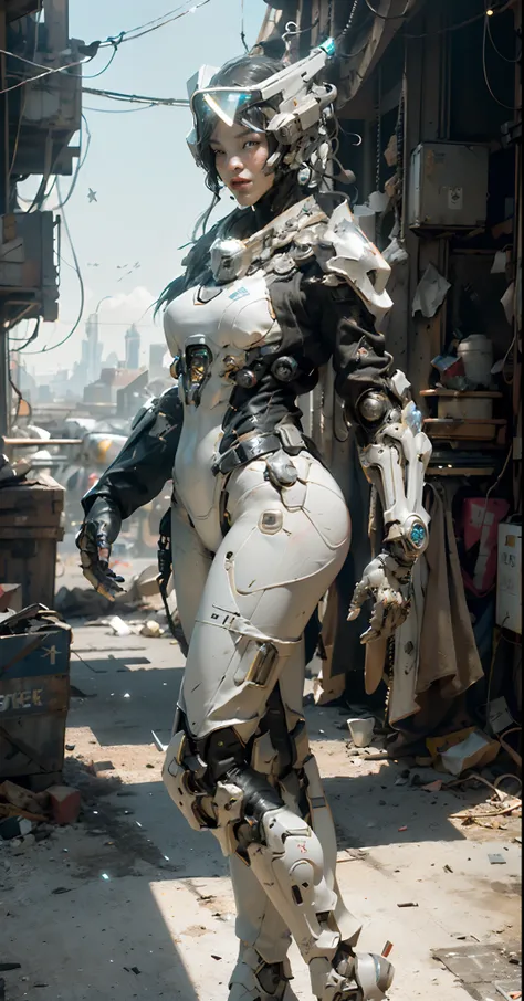 ((best quality)), ((masterpiece)), ((realistic)), (detailed), (photorealistic:1.5), a futuristic girl, (thick body), (white bodysuit), lights on armor, cybernetic headwear, looking at viewer, dynamic pose, post apocalyptic, destroyed city background, build...