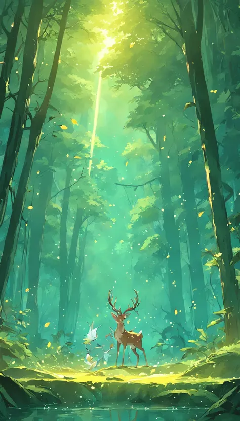 Masterpiece, best quality, (very detailed CG unified 8k wallpaper), (best quality), (best illustration), (best shadow), glowing elf with a glowing deer, drinking water in the pool, natural elements in forest theme. Mysterious forest, beautiful forest, natu...