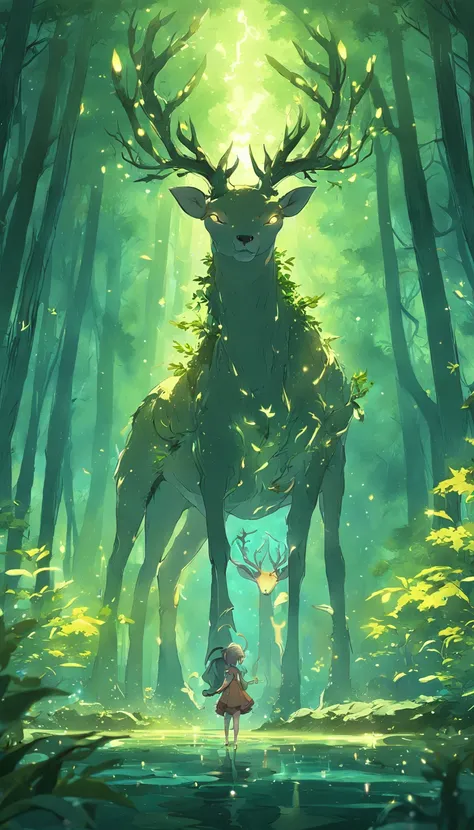 Masterpiece, best quality, (very detailed CG unified 8k wallpaper), (best quality), (best illustration), (best shadow), glowing elf with a glowing deer, drinking water in the pool, natural elements in forest theme. Mysterious forest, beautiful forest, natu...