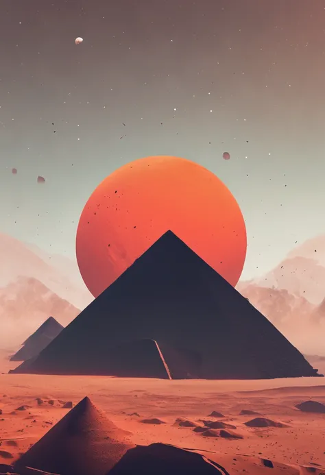 On Mars，The pyramids are towering，Sandstorms swept through，Inaccessible。Blood red sun，Huge planets hang high in the sky。{lonely，immensity，Empty}