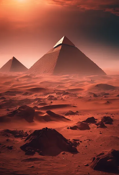 On Mars，The pyramids are towering，Sandstorms swept through，Inaccessible。Blood red sun，Huge planets hang high in the sky。{lonely，immensity，Empty}