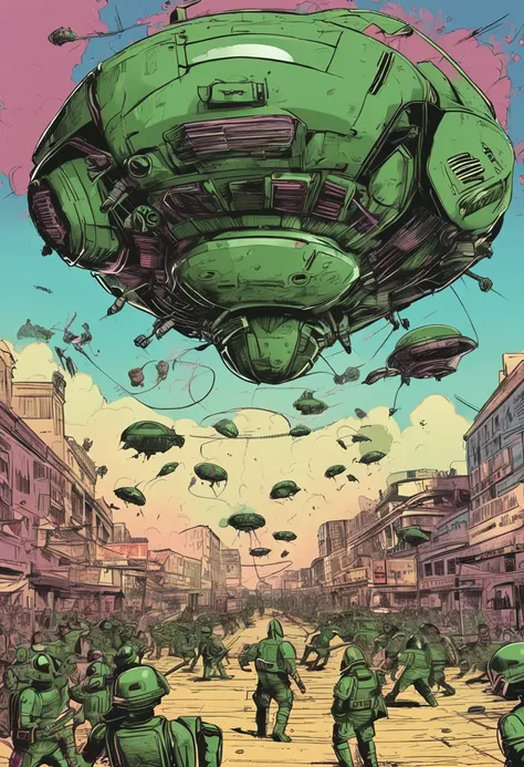 army of ai machinea fighting flying saucers, green alien men, attacking new york