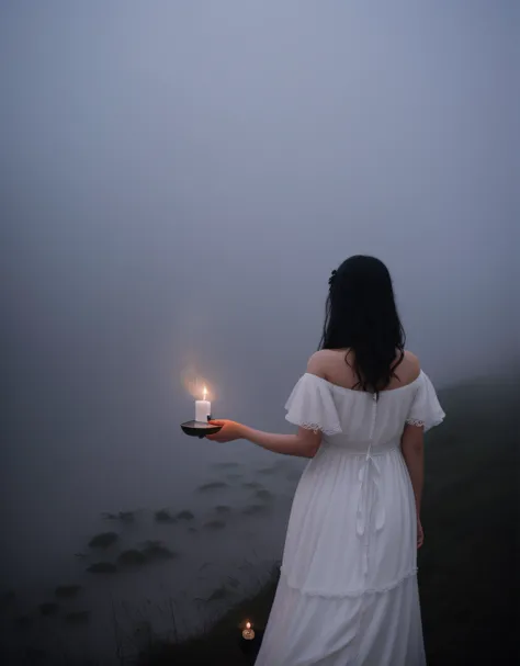 arafed woman in a white dress holding a lit candle in her hand, monia merlo, a woman holding an orb, a still of an ethereal, a mystical misty glow, beautiful and mysterious, beautiful with eerie vibes, foggy light from fires, holding a candle, holding a la...