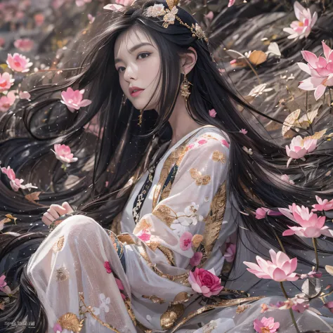 32K（tmasterpiece，k hd，hyper HD，32K）Long flowing black hair，ponds，zydink， a color，  Asian people （Silly girl）， （Silk scarf）， Combat posture， looking at the ground， long whitr hair， Floating hair， Carp pattern headdress， Chinese long-sleeved clothing， （abstr...