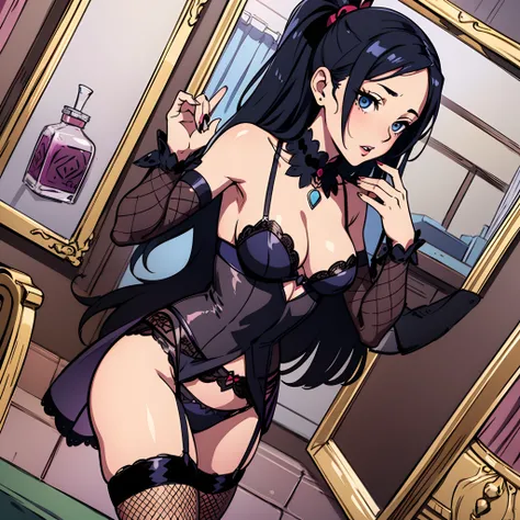 Sexy goth with fishnet stockings and garter belts in front of a mirror:1 vector  digital, flat Miyazaki, Monet, hd,   rule of thirds, symmetrical, palette,  colorful