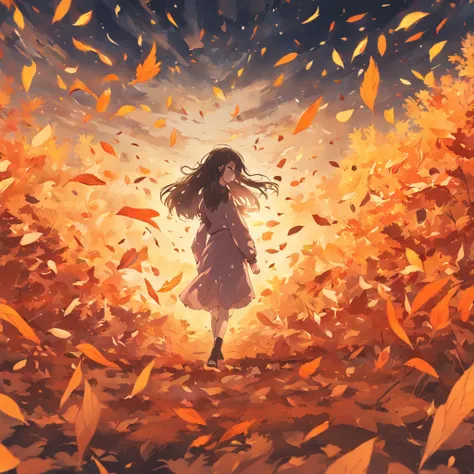 A girl misses her lover in the autumn breeze，Autumn scene，Beautiful and romantic，minimal style，Out of focus，illustration，falling leaf，detail-rich，depth of fields，Originality，down view，aerial shot